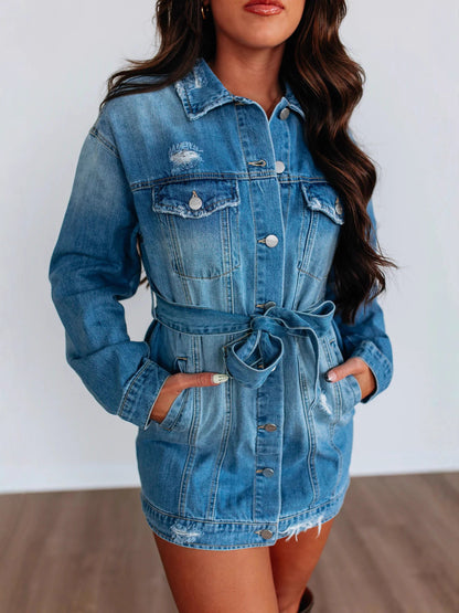 Belted distressed denim jacket dress