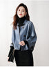 Retro distressed leather bomber jacket women Blue S