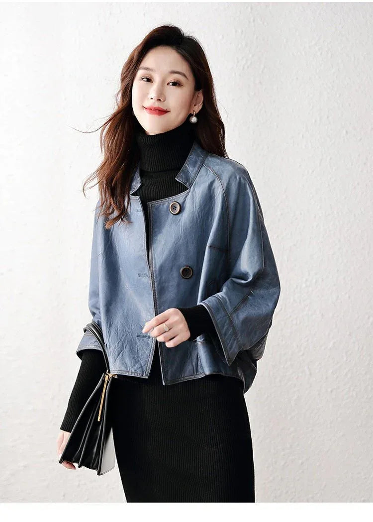 Retro distressed leather bomber jacket women Blue S