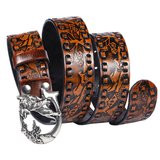 Women's Embossed Leather Belt with Tiger Buckle Camel 105 cm