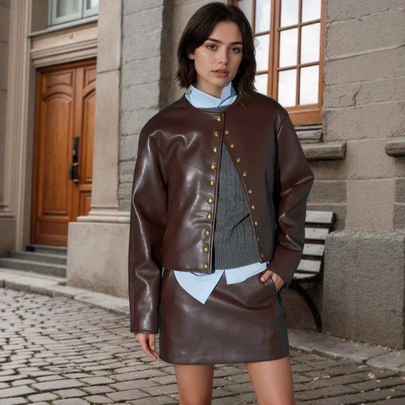 Women's Brown Faux Leather Jacket with Gold Buttons