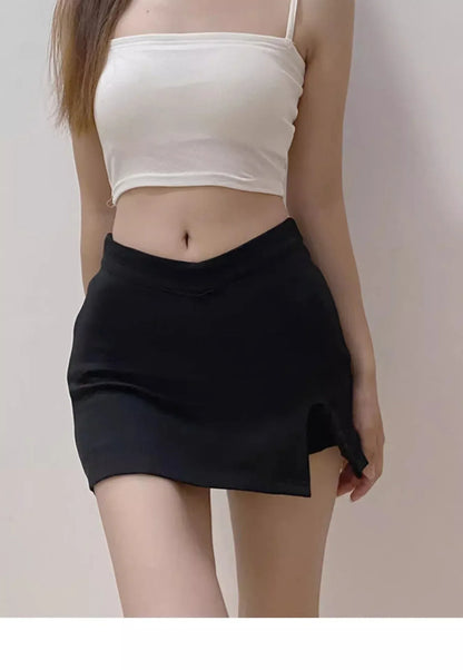 Women’s fitted black skirt featuring mini length, medium-stretch fabric, solid finish, and minimal side slit design.