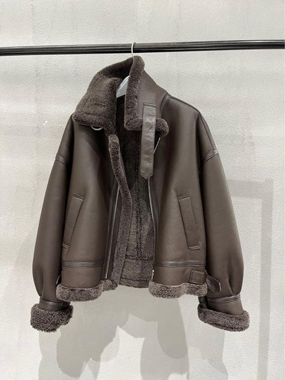 Women's Brown Fur Lined Lambskin Bomber Jacket