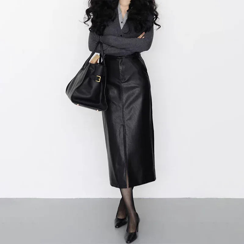 Women’s Genuine Leather Midi Skirt with Front Slit 1 S