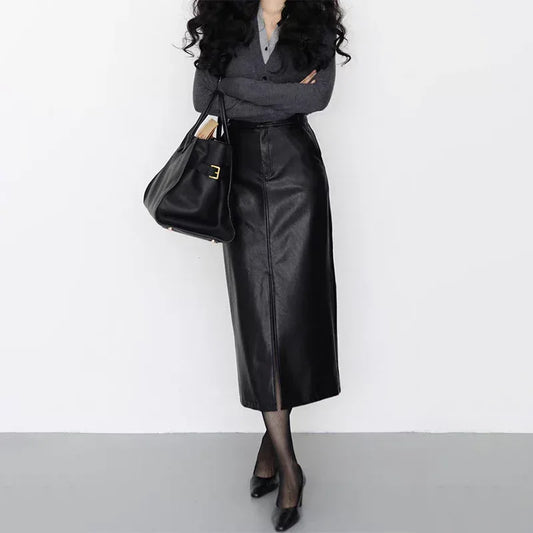 Women’s Genuine Leather Midi Skirt with Front Slit 1 S