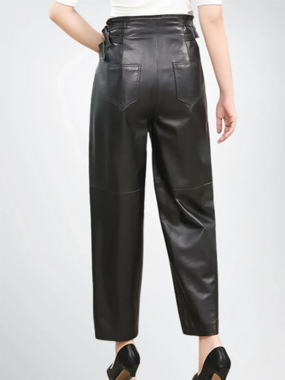Women's Black Leather Pants High Waist Buckle Detail