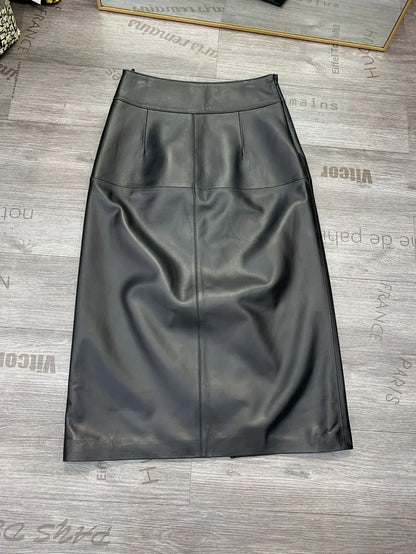 Women's Sheepskin Leather Midi Skirt with Belt