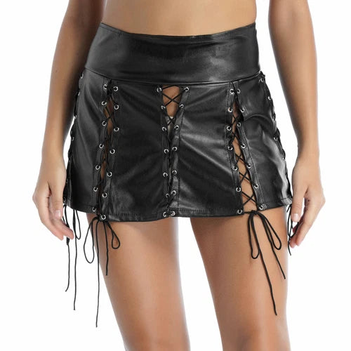 Black faux leather mini skirt with lace-up details