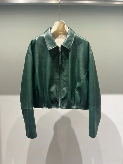Women's Green Sheepskin Cropped Bomber Jacket