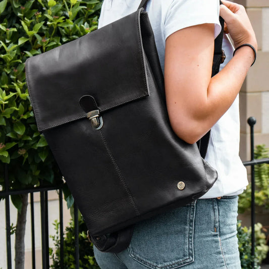 Women's Black Leather Laptop Backpack for Work