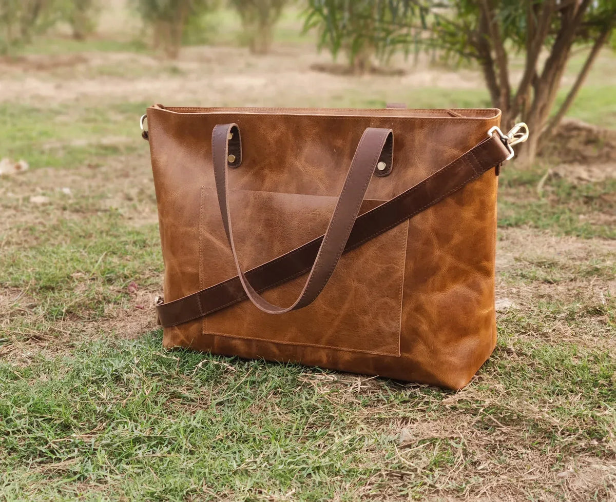 Women’s Leather Laptop Tote With Shoulder Strap for Work