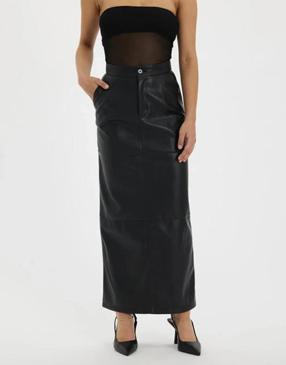 Black Leather High Waist Maxi Skirt
