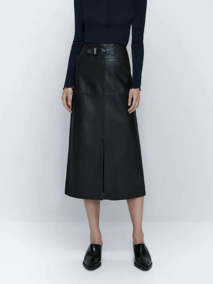 Women's Sheepskin Leather Midi Skirt with Belt 1 S