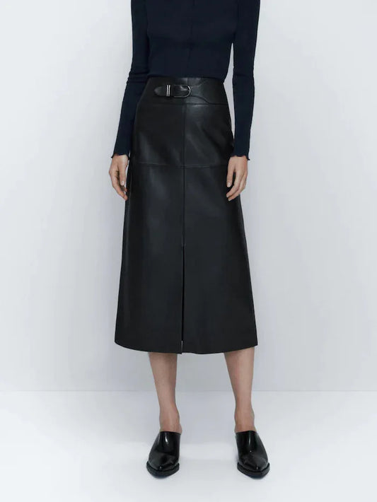 Women's Sheepskin Leather Midi Skirt with Belt 1 S