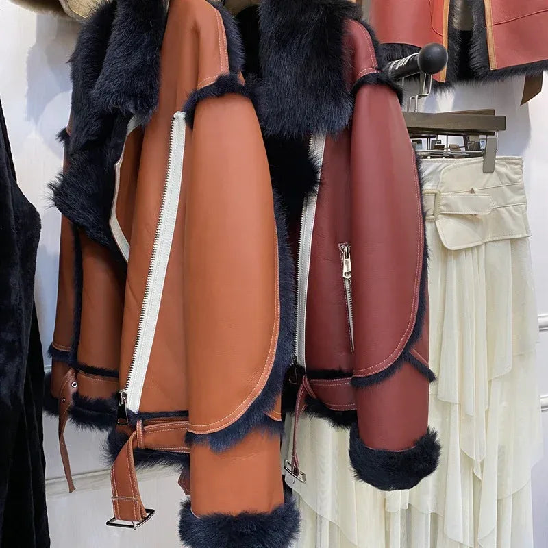 Women's Shearling Bomber Jacket in Rust Brown Leather