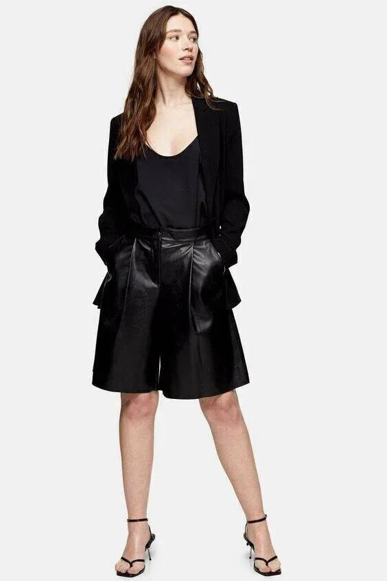 Women’s Leather Shorts in Black High Waist Bermuda Style