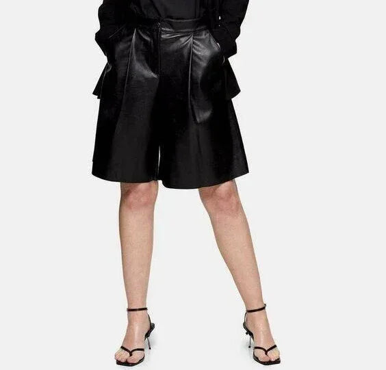 Women’s Leather Shorts in Black High Waist Bermuda Style