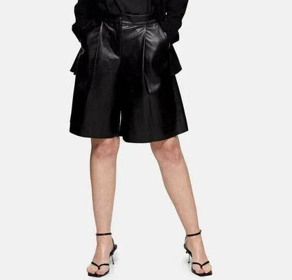 Women’s Leather Shorts in Black High Waist Bermuda Style