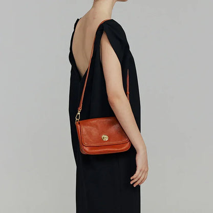 Small Genuine Leather Shoulder Bag with Flap Closure