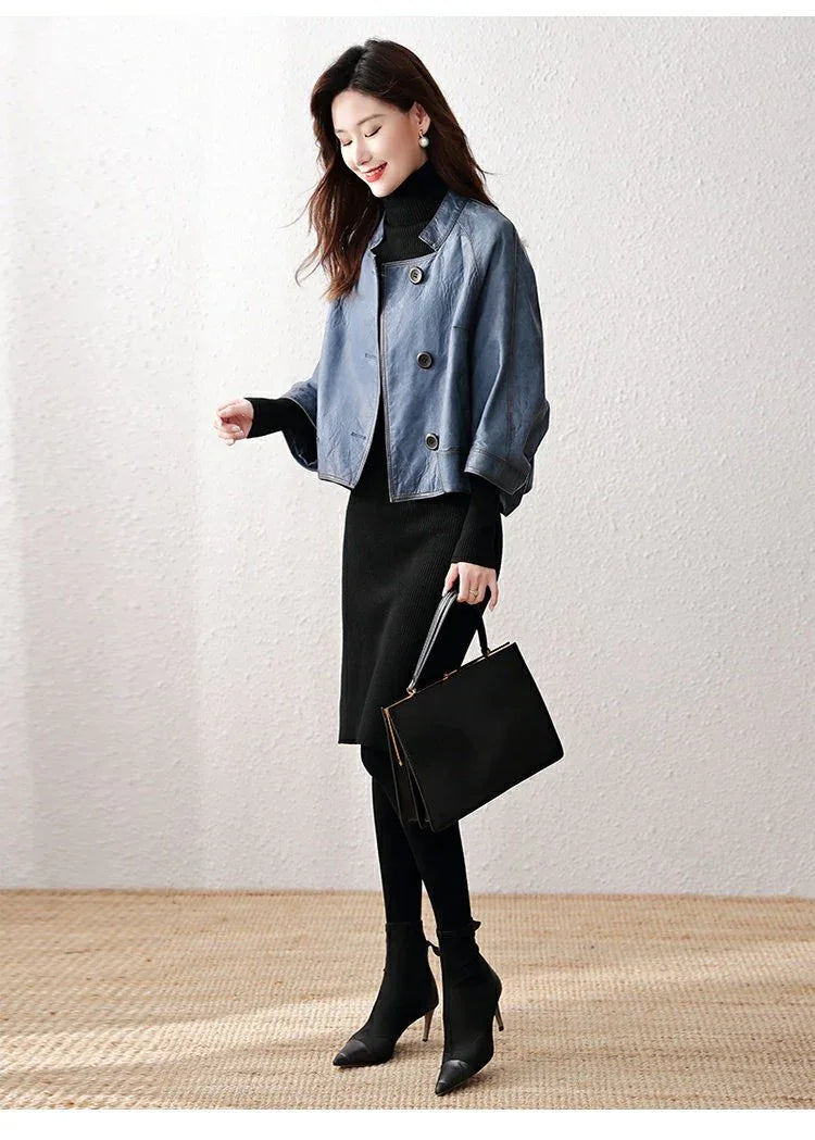 Retro distressed leather bomber jacket women