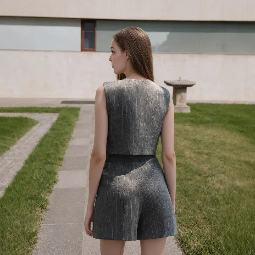 Women's Gray Pinstripe Vest and Shorts Set