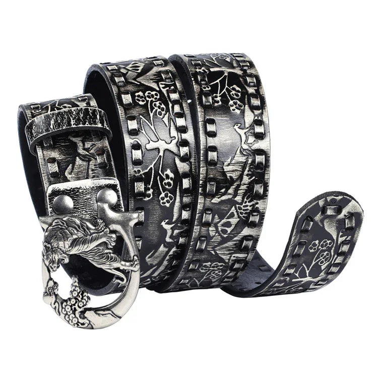 Women's Embossed Leather Belt with Tiger Buckle Grey 105 cm
