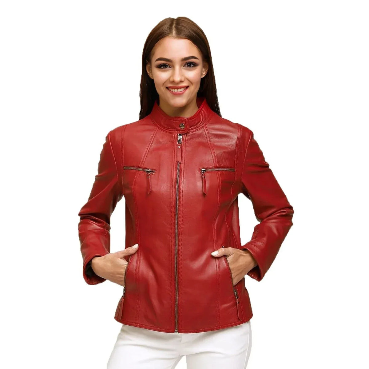 Women’s Red Lambskin Leather Biker Jacket