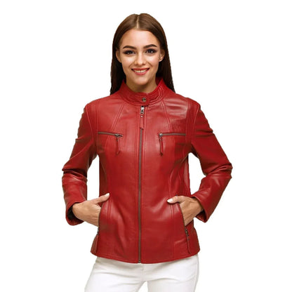 Women’s Red Lambskin Leather Biker Jacket