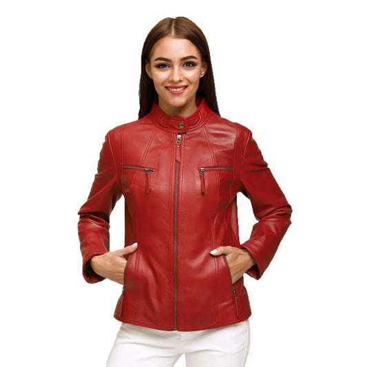 Women’s Red Lambskin Leather Biker Jacket