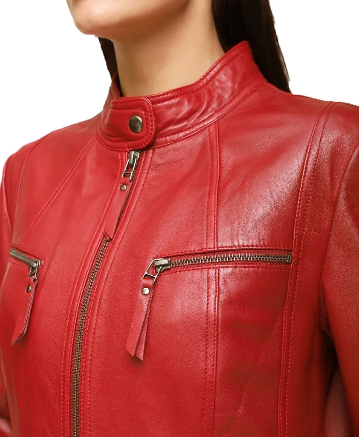 Women’s Red Lambskin Leather Biker Jacket