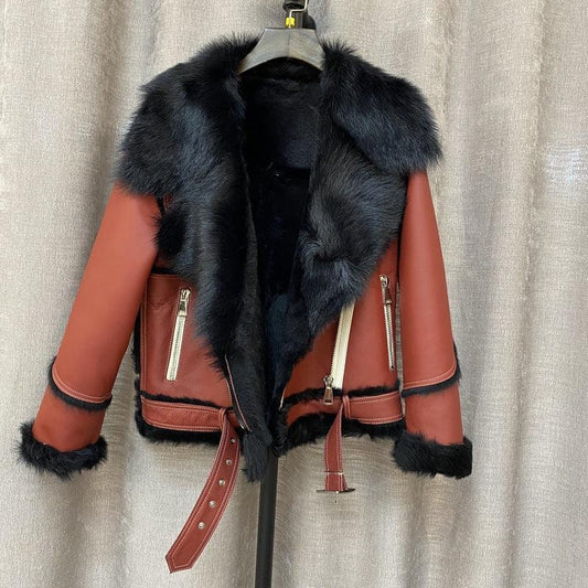 Women's Shearling Bomber Jacket in Rust Brown Leather 1 S