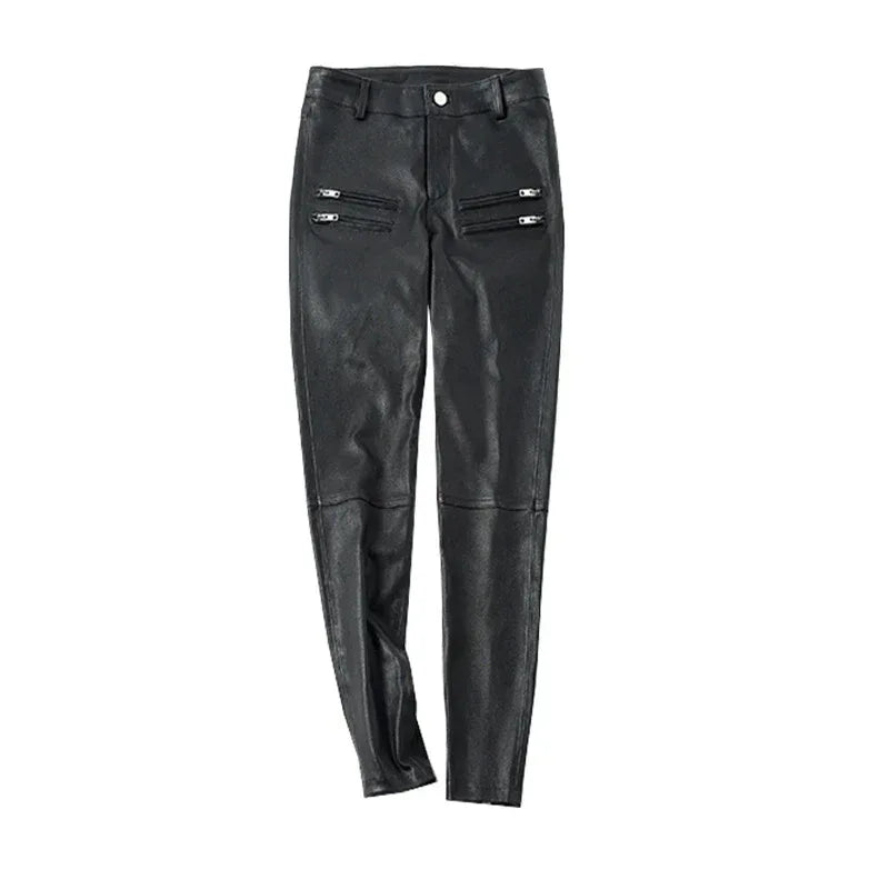 Women's Skinny Sheepskin Leather Pants with Zippers Black S
