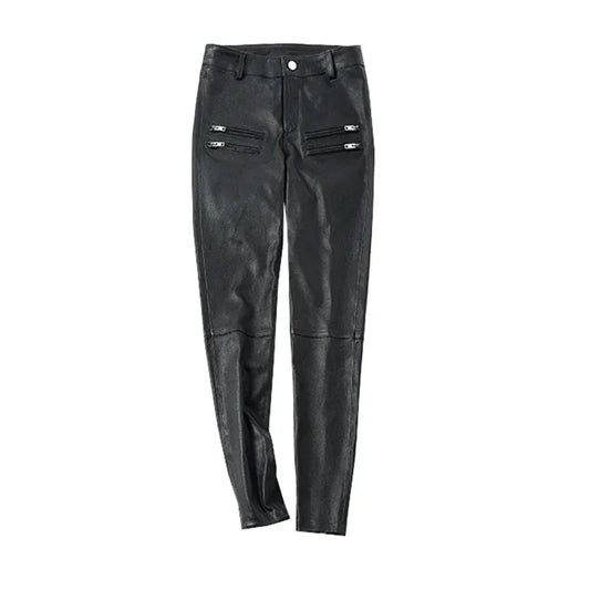 Women's Skinny Sheepskin Leather Pants with Zippers Black S
