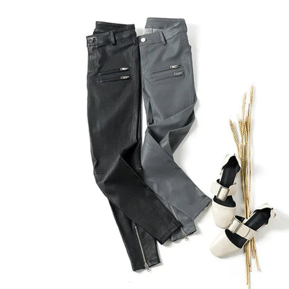 Women's Skinny Sheepskin Leather Pants with Zippers