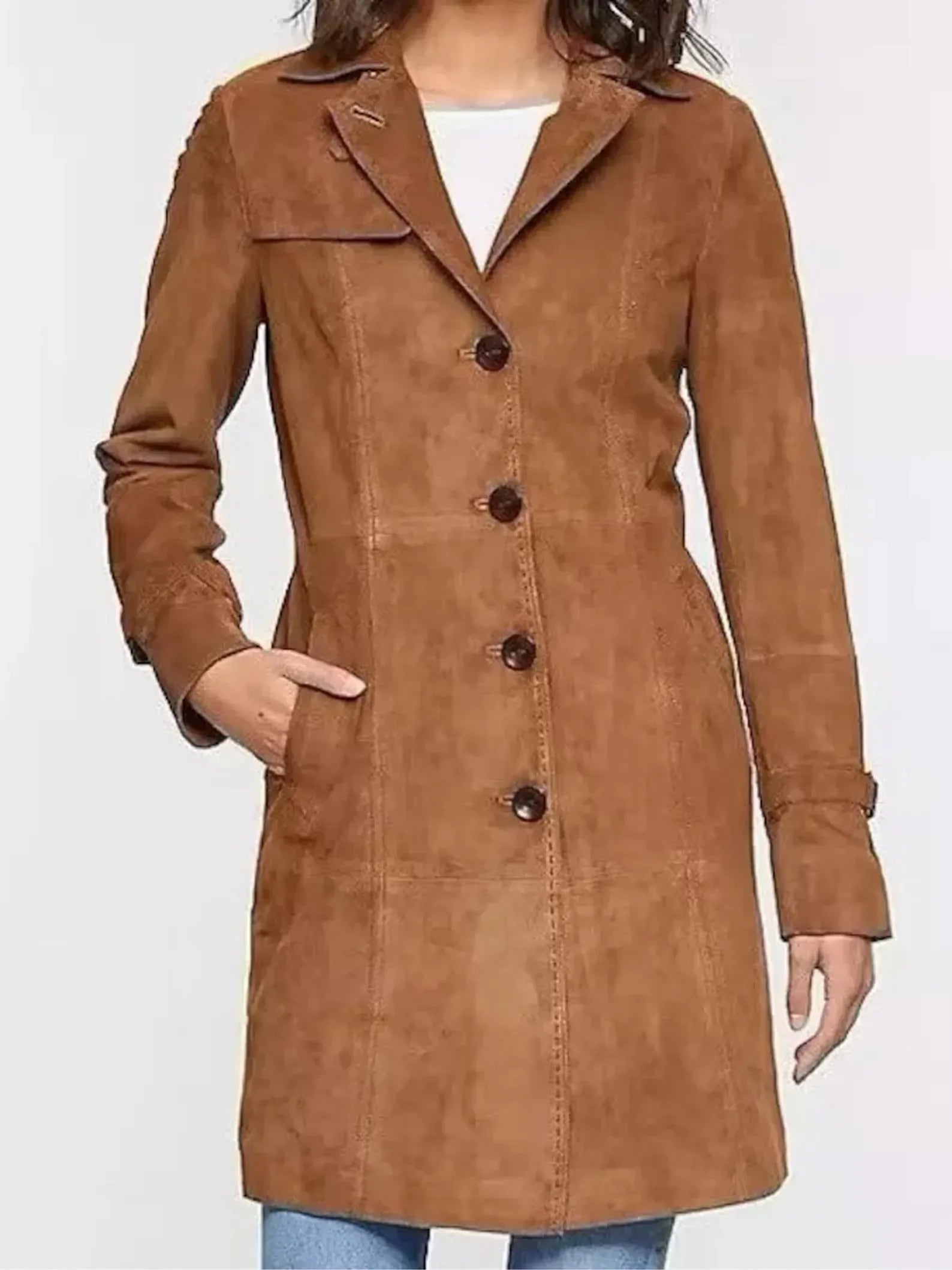 Suede Trench Coat Women Brown Long