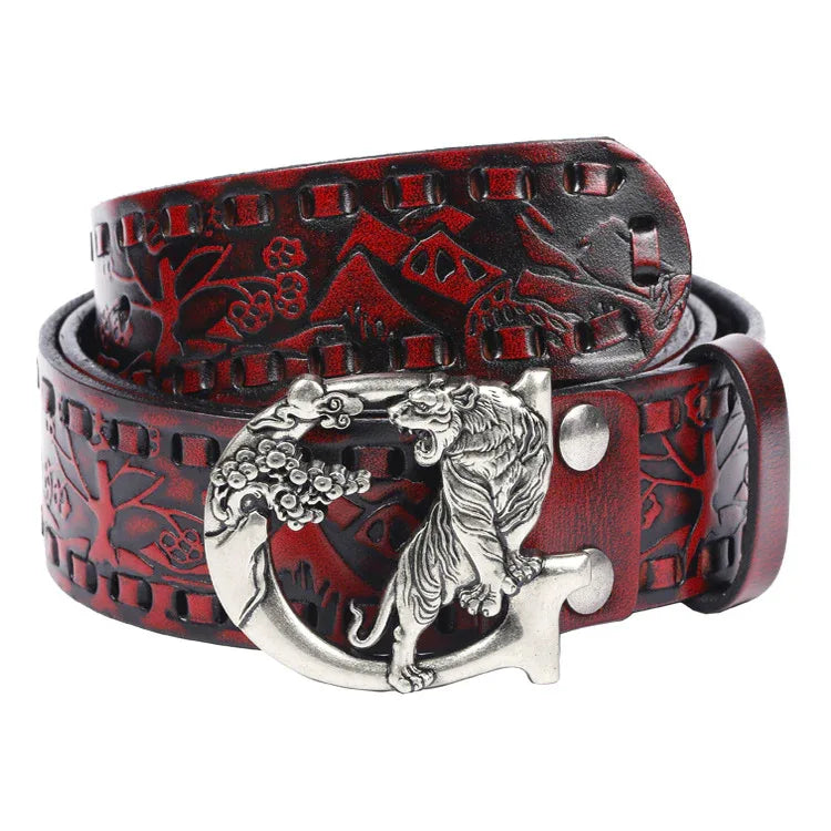 Women's Embossed Leather Belt with Tiger Buckle
