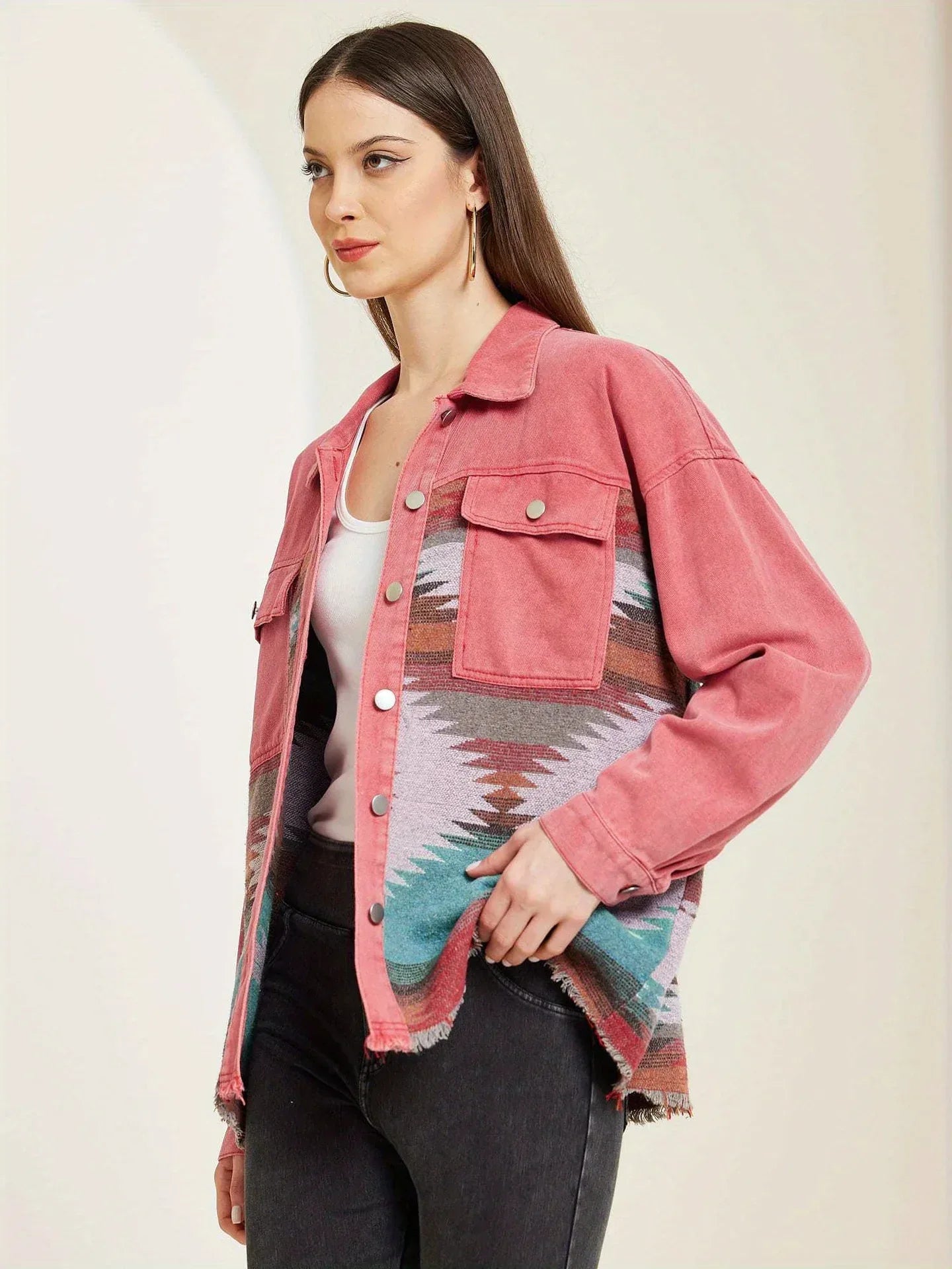 Women's Woven Denim Jacket with Geometric Panels