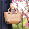 Straw Tote Bag with Floral Wooden Handles