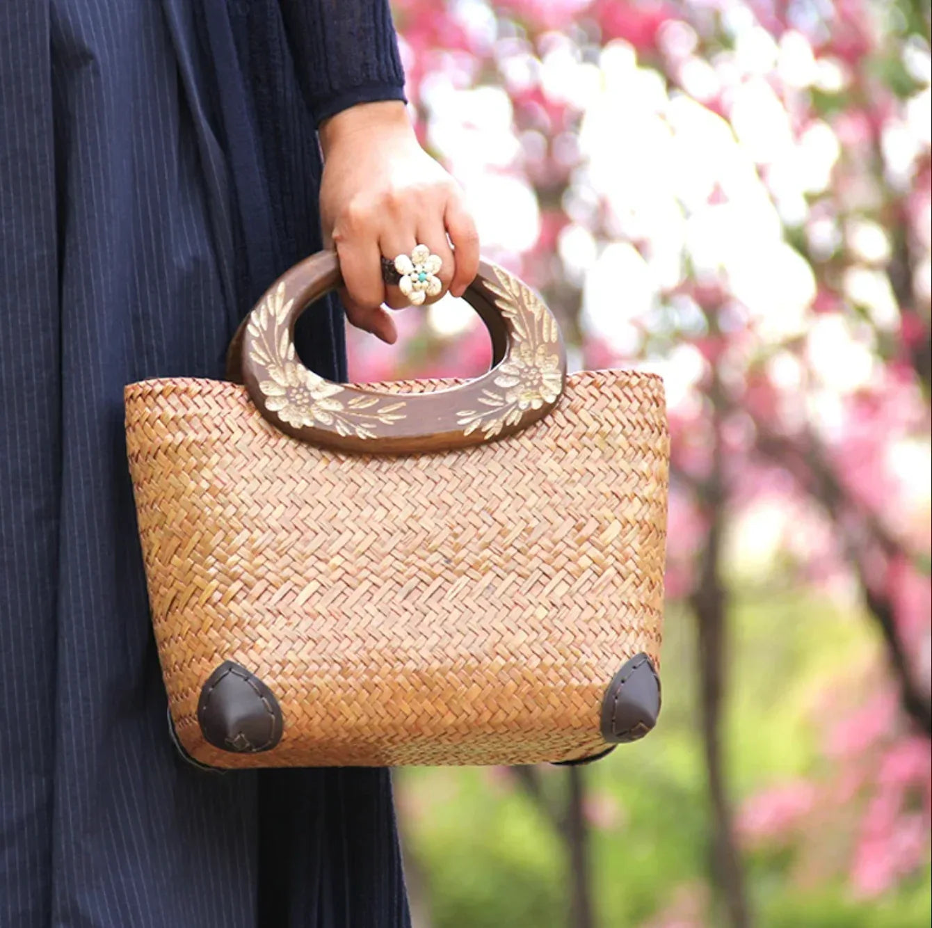 Straw Tote Bag with Floral Wooden Handles