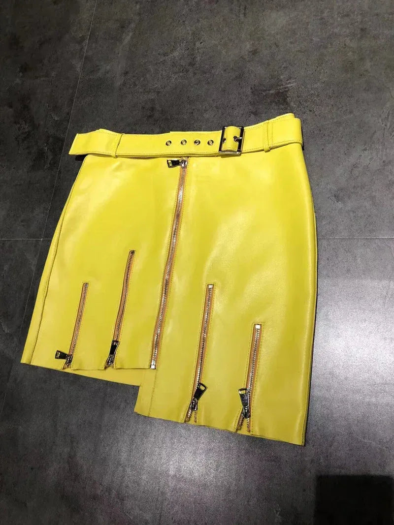 Women’s Asymmetrical Leather Mini Skirt with Zippers