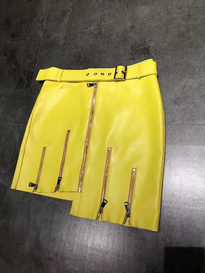 Women’s Asymmetrical Leather Mini Skirt with Zippers
