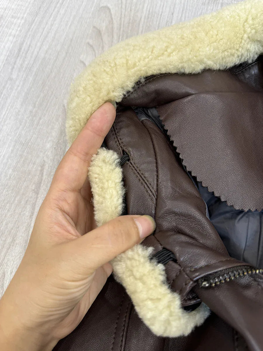 Women sheepskin leather bomber with wool collar