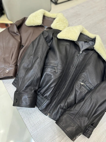 Women sheepskin leather bomber with wool collar
