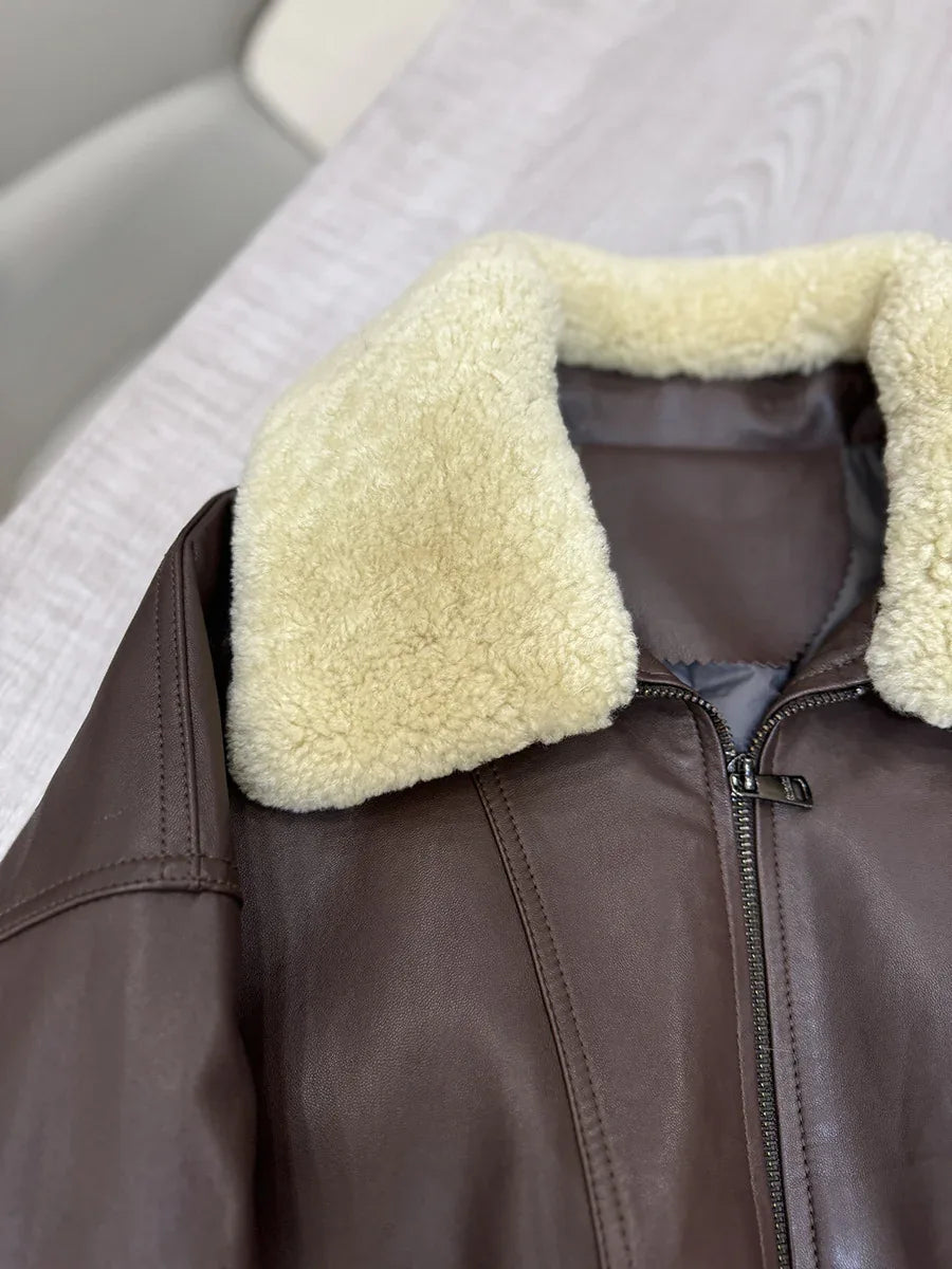 Women sheepskin leather bomber with wool collar