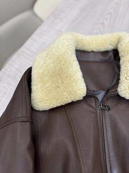 Women sheepskin leather bomber with wool collar