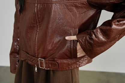 Genuine Leather Zip Up Women Jacket Brown Moto Biker Style
