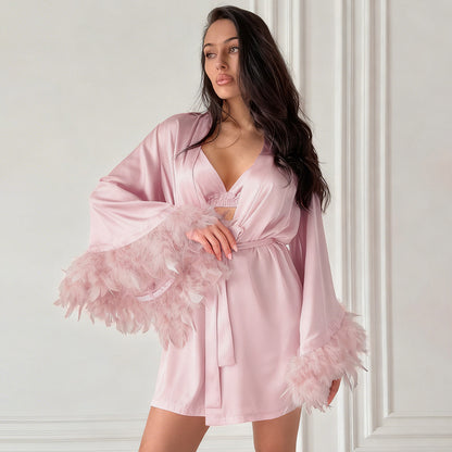 Navy satin feather trim three piece pajama set 4 S