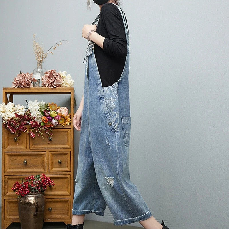 Distressed denim overalls women loose fit adjustable