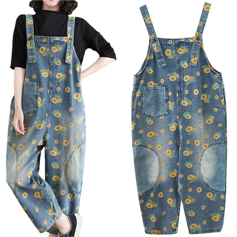 Womens denim jumpsuit with sunflower print overalls