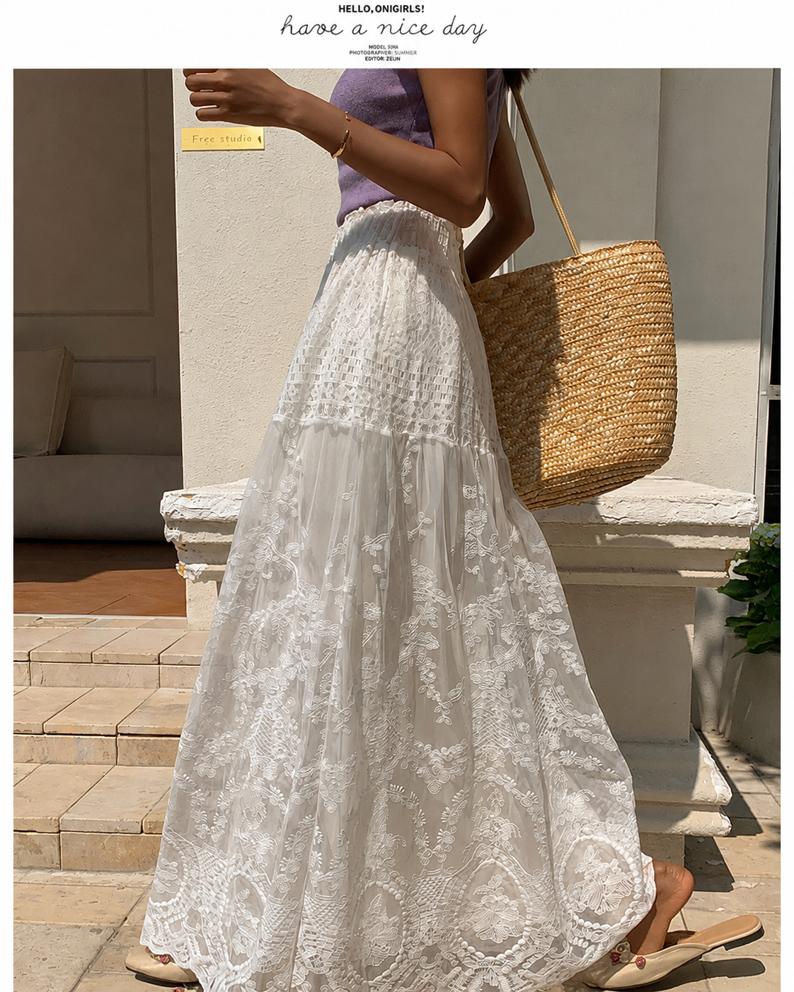 Womens lace skirt with lace skirt movement, high waist fit and white lace long skirt detail.